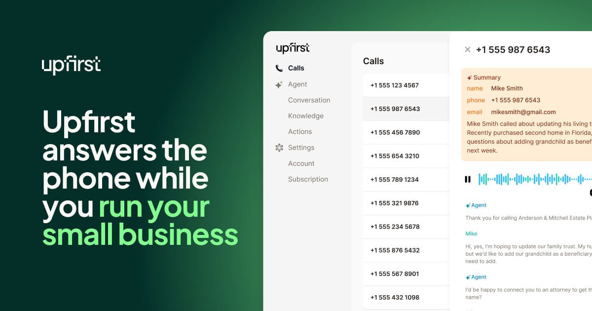 Upfirst AI phone answering dashboard showing call log with AI-captured caller summary